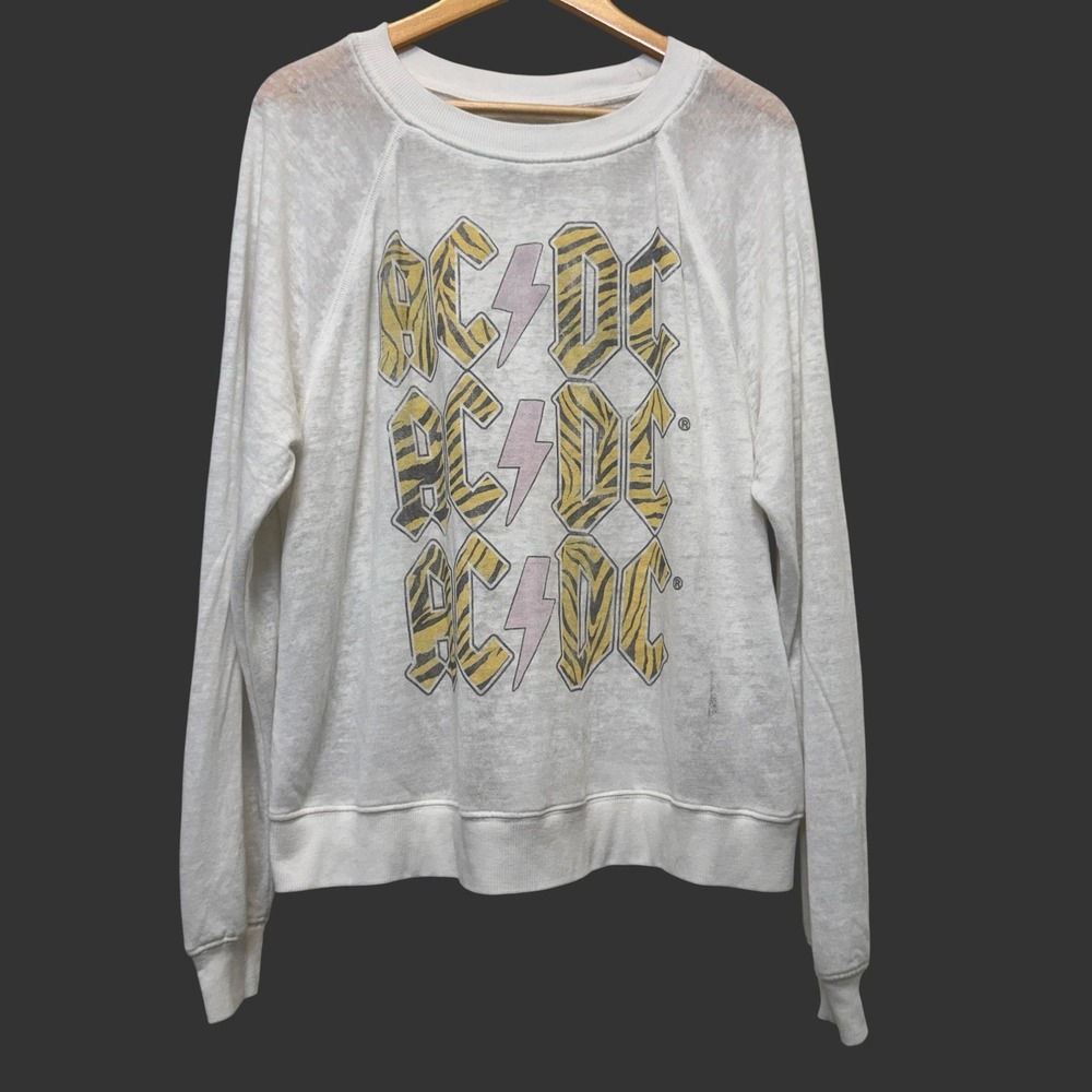 Recycled Karma AC/DC Womens Sweatshirt XS White Oversized Burnout Raglan Casual